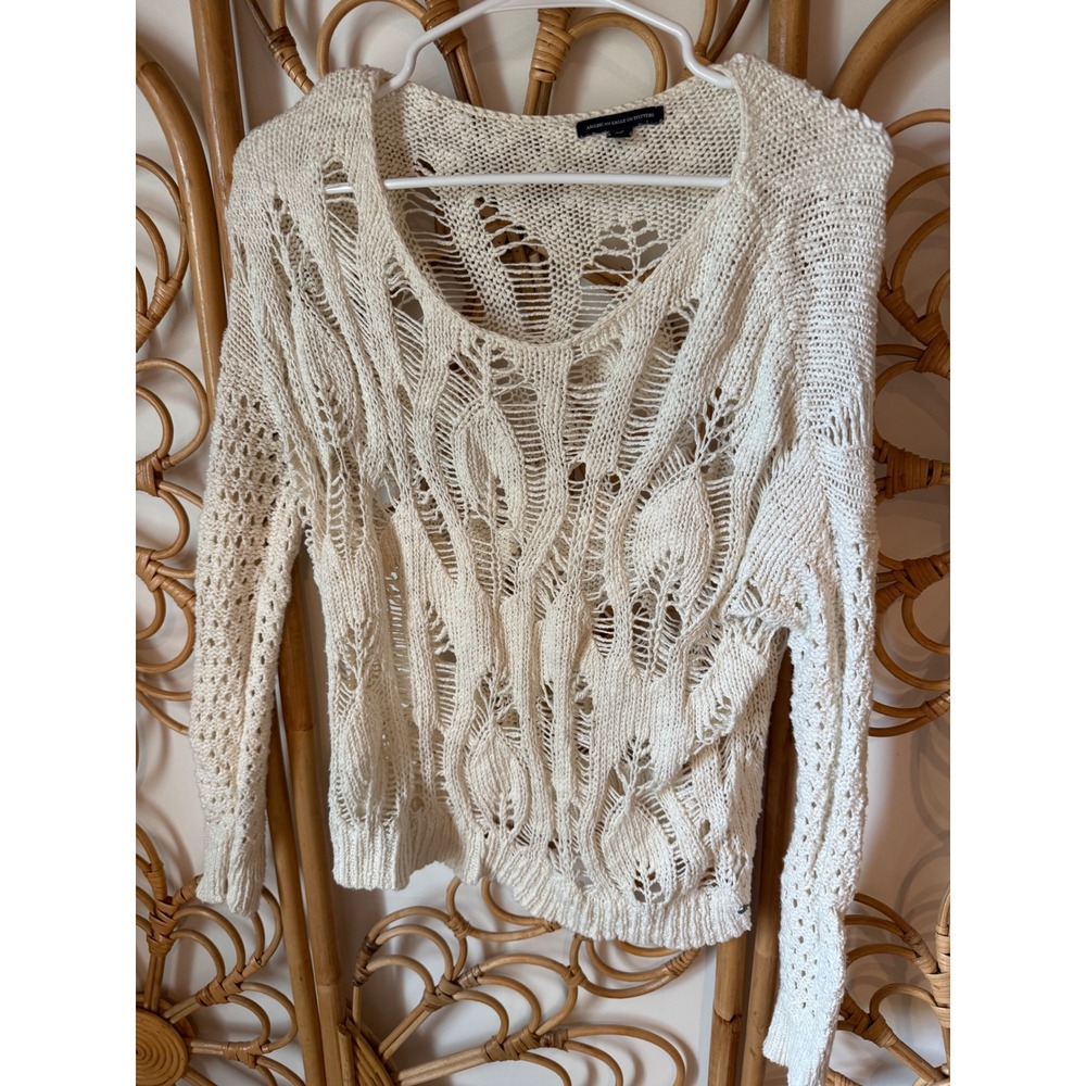 American Eagle Outfitters Ivory Open Knit Distressed Boho Sweater‎ Womens Small